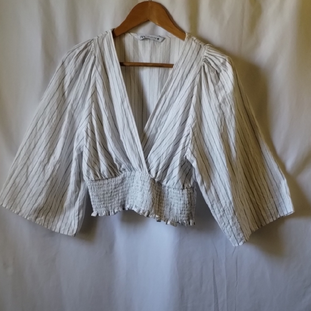Zara White and Black Striped Blouse